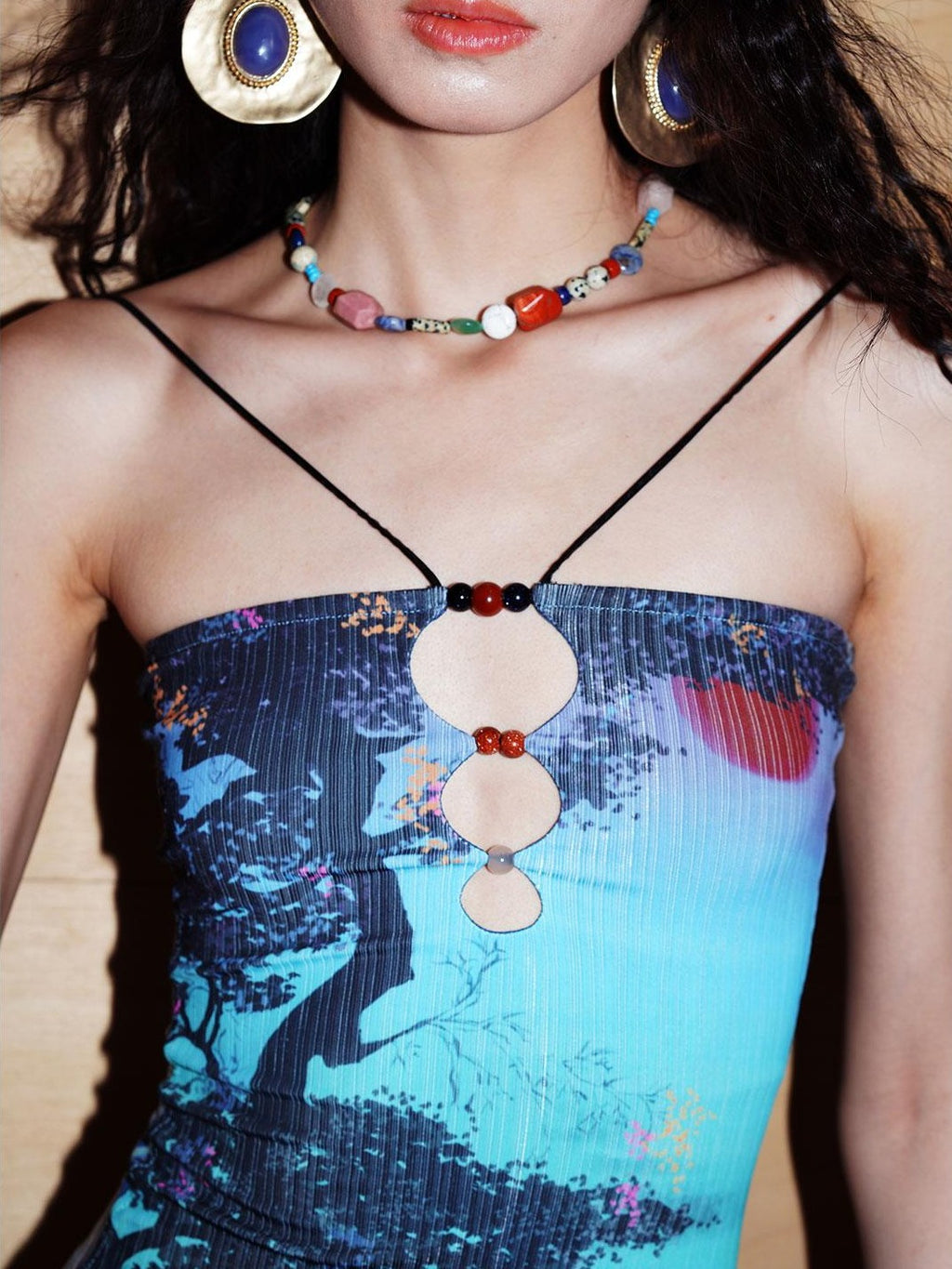 badtaste Retro Oriental Beaded Cutout Scenic Print Colorblock Women's Camisoles