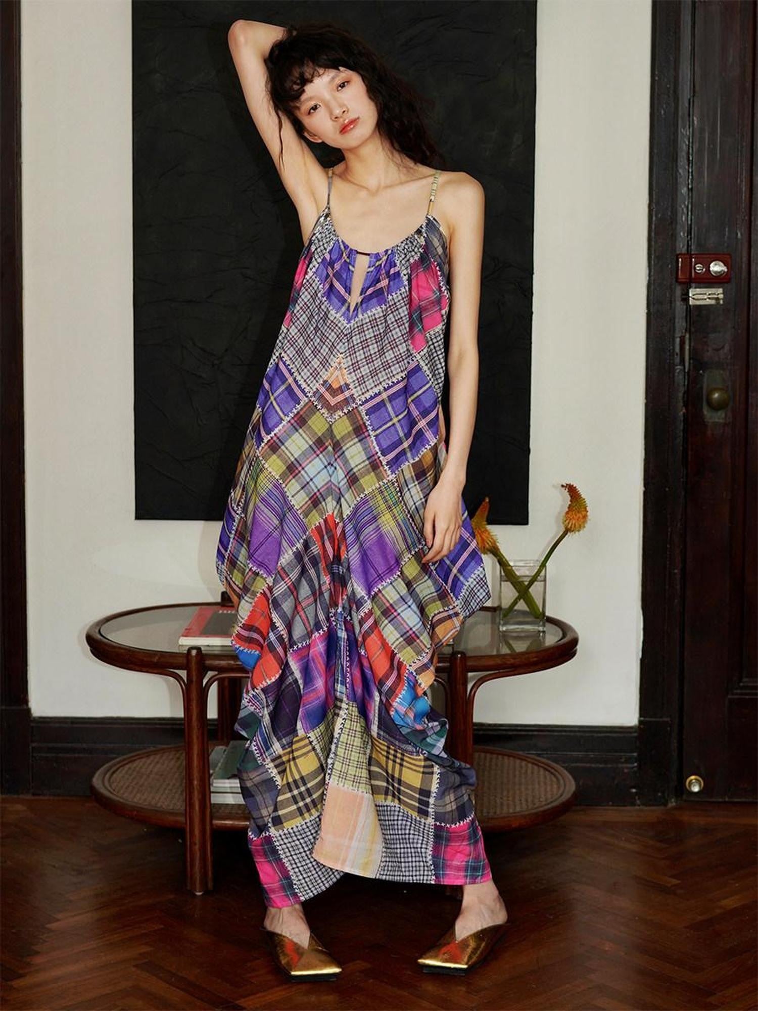 badtaste Retro Plaid Spaghetti Strap Women's Lightweight Single Layer Slip Maxi Dresses