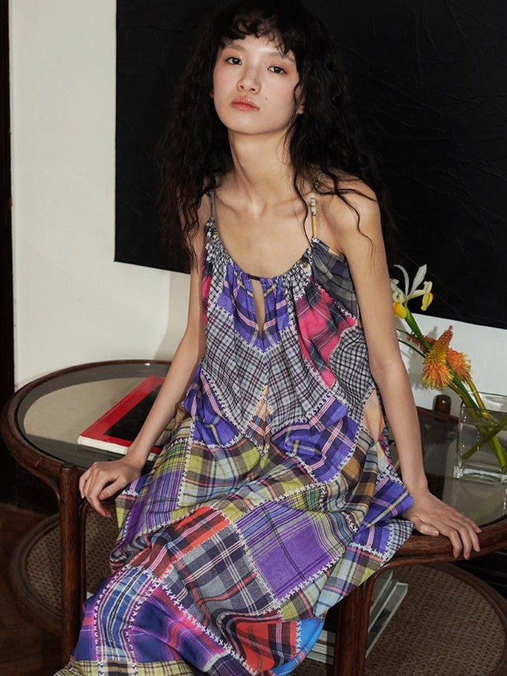 badtaste Retro Plaid Spaghetti Strap Women's Lightweight Single Layer Slip Maxi Dresses