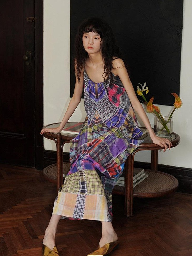 badtaste Retro Plaid Spaghetti Strap Women's Lightweight Single Layer Slip Maxi Dresses