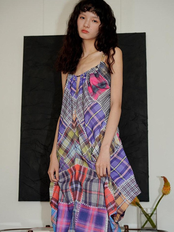 badtaste Retro Plaid Spaghetti Strap Women's Lightweight Single Layer Slip Maxi Dresses