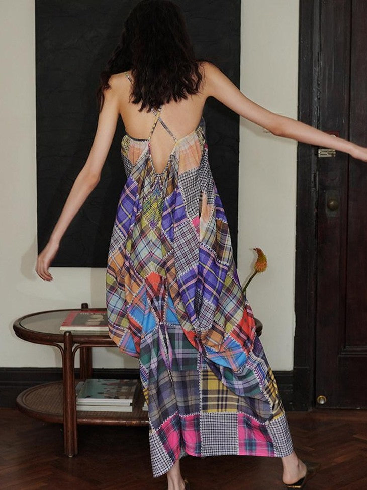 badtaste Retro Plaid Spaghetti Strap Women's Lightweight Single Layer Slip Maxi Dresses