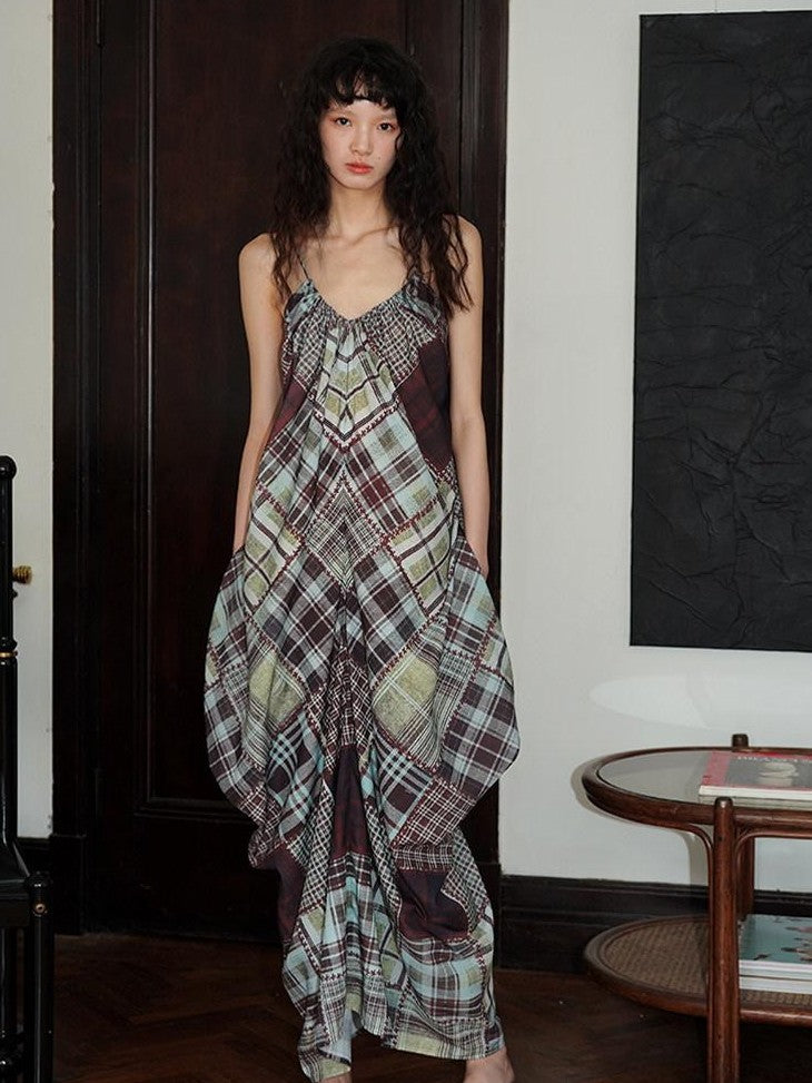 badtaste Retro Plaid Spaghetti Strap Women's Lightweight Single Layer Slip Maxi Dresses