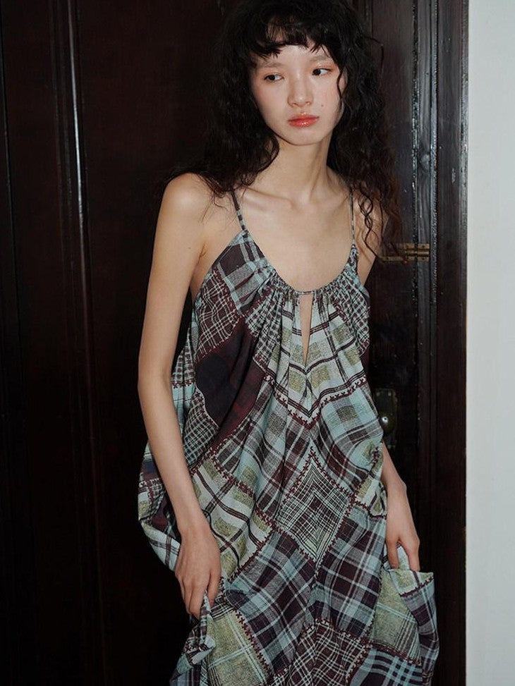 badtaste Retro Plaid Spaghetti Strap Women's Lightweight Single Layer Slip Maxi Dresses