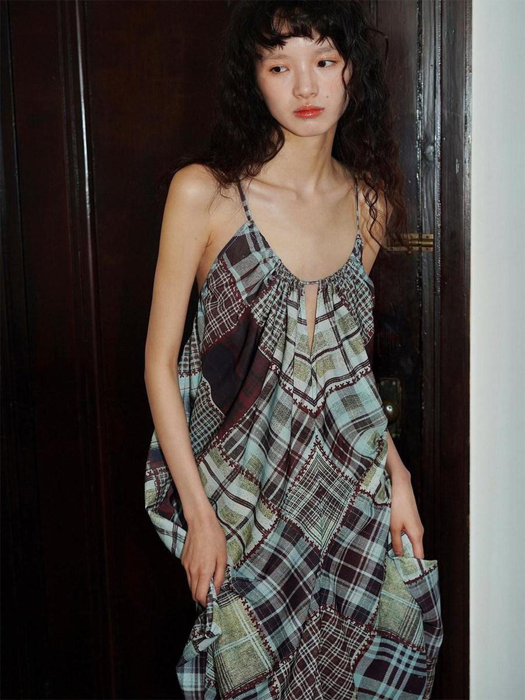 badtaste Retro Plaid Spaghetti Strap Women's Lightweight Single Layer Slip Maxi Dresses