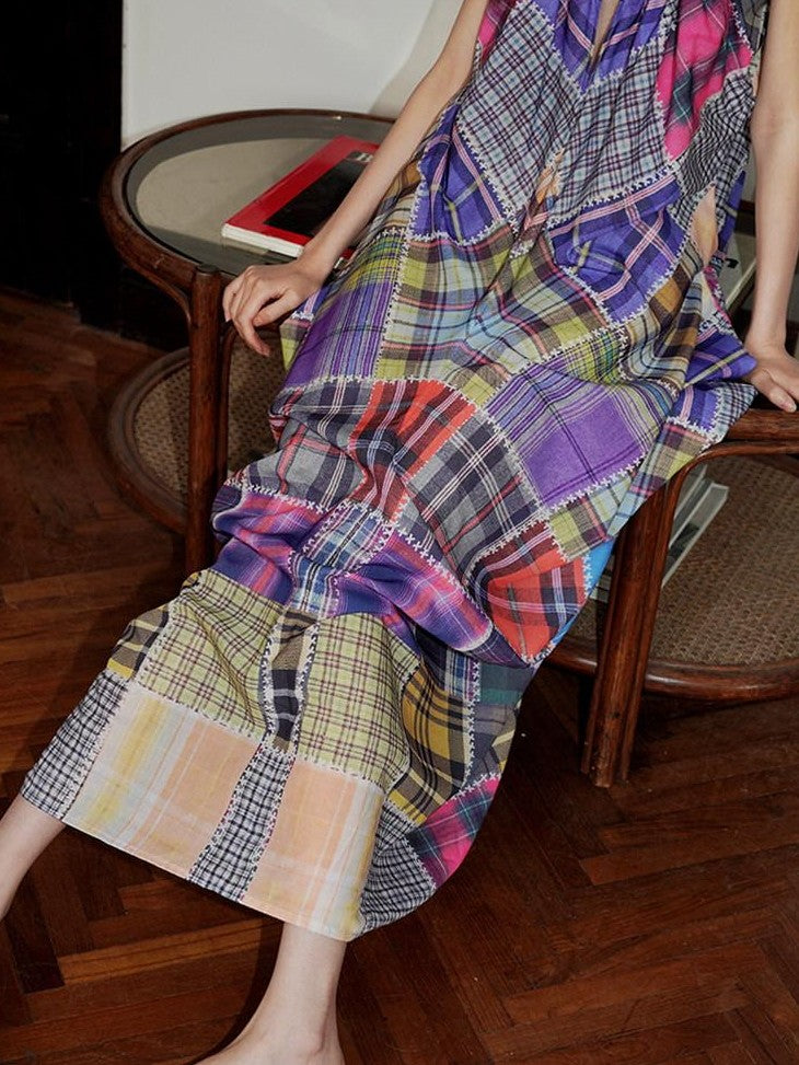 badtaste Retro Plaid Spaghetti Strap Women's Lightweight Single Layer Slip Maxi Dresses