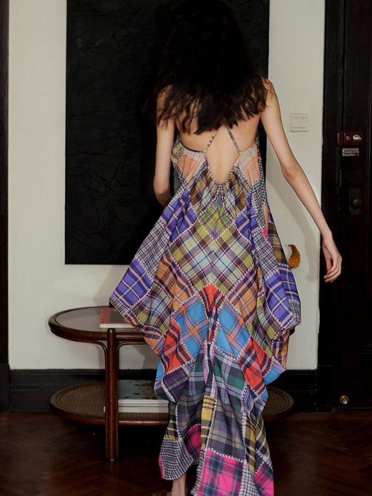 badtaste Retro Plaid Spaghetti Strap Women's Lightweight Single Layer Slip Maxi Dresses