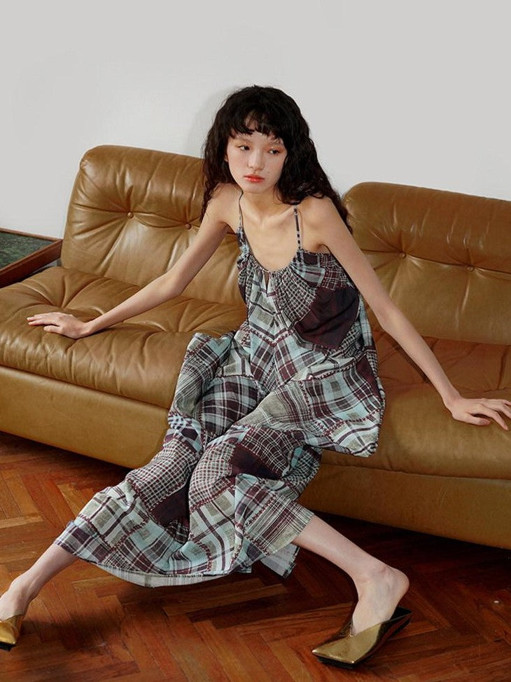 badtaste Retro Plaid Spaghetti Strap Women's Lightweight Single Layer Slip Maxi Dresses