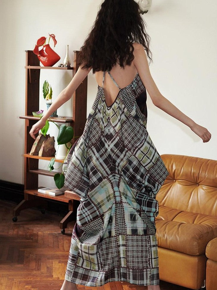 badtaste Retro Plaid Spaghetti Strap Women's Lightweight Single Layer Slip Maxi Dresses