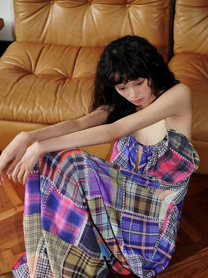 badtaste Retro Plaid Spaghetti Strap Women's Lightweight Single Layer Slip Maxi Dresses