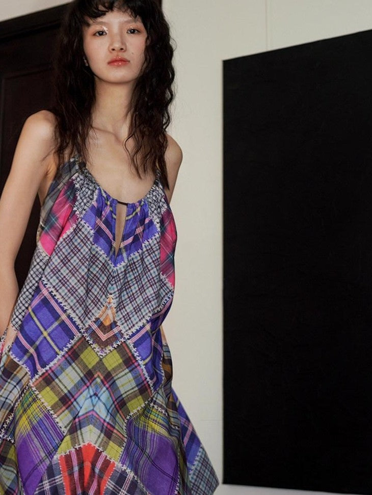 badtaste Retro Plaid Spaghetti Strap Women's Lightweight Single Layer Slip Maxi Dresses