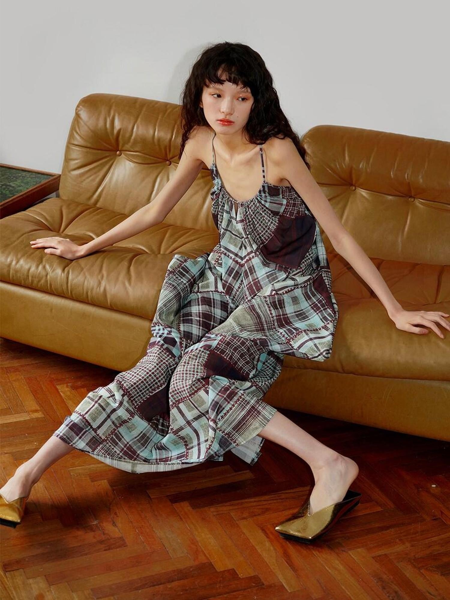 badtaste Retro Plaid Spaghetti Strap Women's Lightweight Single Layer Slip Maxi Dresses