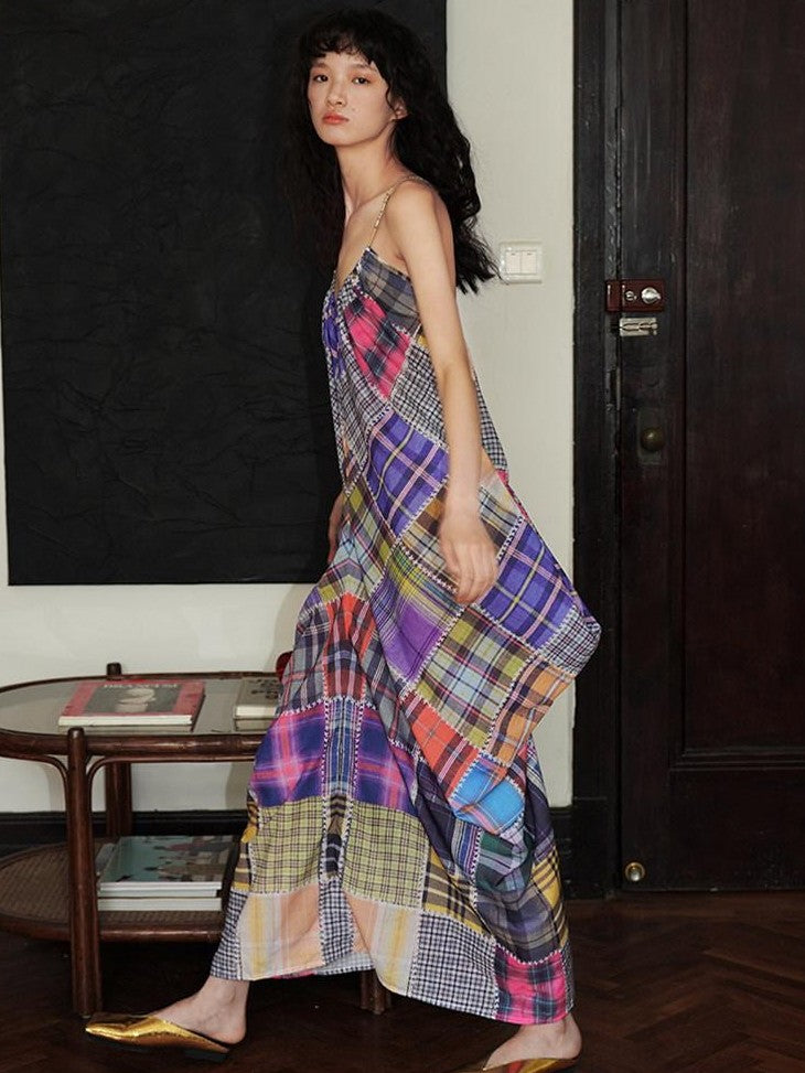 badtaste Retro Plaid Spaghetti Strap Women's Lightweight Single Layer Slip Maxi Dresses
