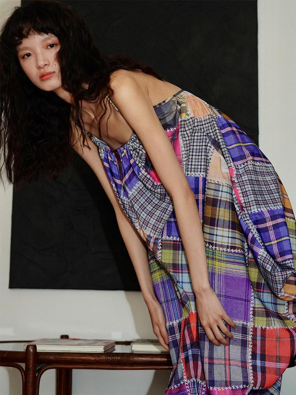 badtaste Retro Plaid Spaghetti Strap Women's Lightweight Single Layer Slip Maxi Dresses