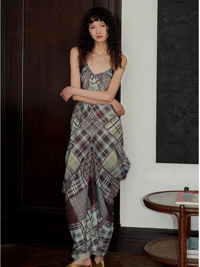 badtaste Retro Plaid Spaghetti Strap Women's Lightweight Single Layer Slip Maxi Dresses