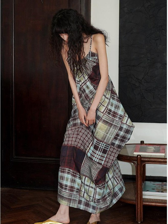 badtaste Retro Plaid Spaghetti Strap Women's Lightweight Single Layer Slip Maxi Dresses