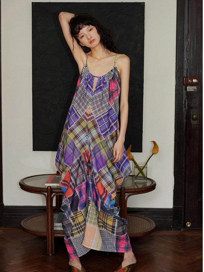badtaste Retro Plaid Spaghetti Strap Women's Lightweight Single Layer Slip Maxi Dresses