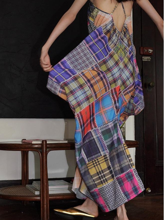 badtaste Retro Plaid Spaghetti Strap Women's Lightweight Single Layer Slip Maxi Dresses