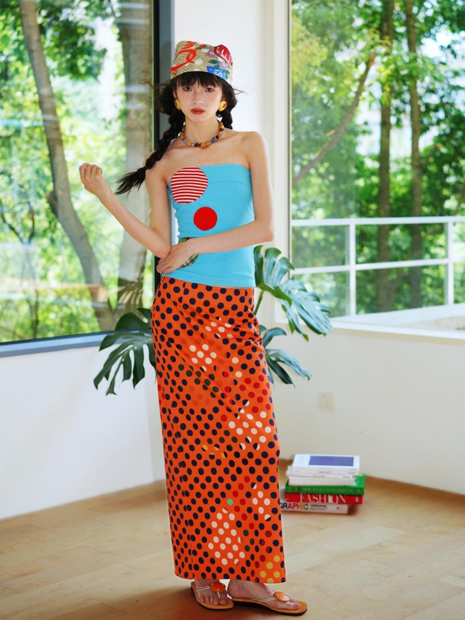 badtaste Retro Polka Dot Colorblock Print Straight Low Waist Women's Maxi Skirts