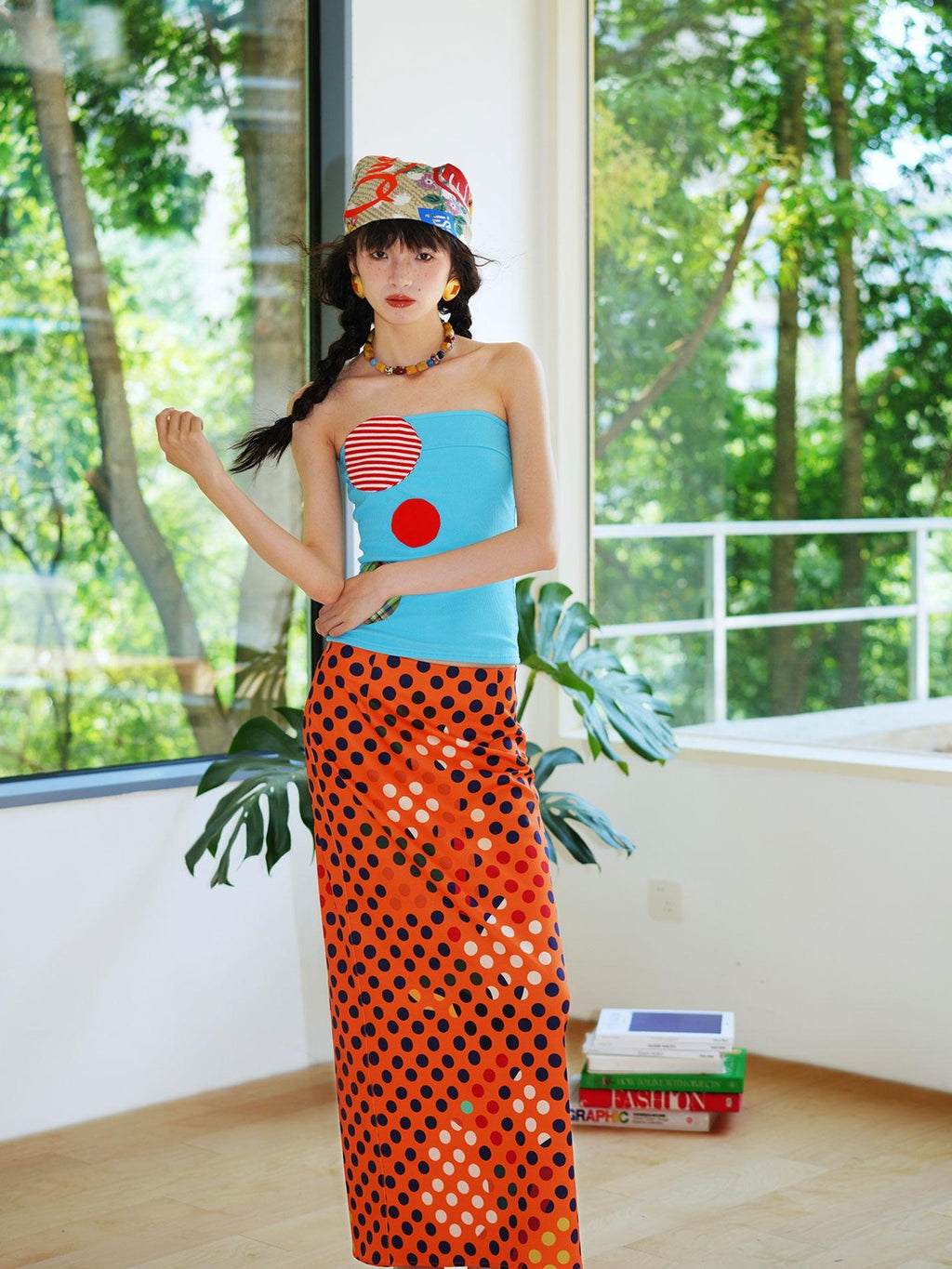 badtaste Retro Polka Dot Colorblock Print Straight Low Waist Women's Maxi Skirts