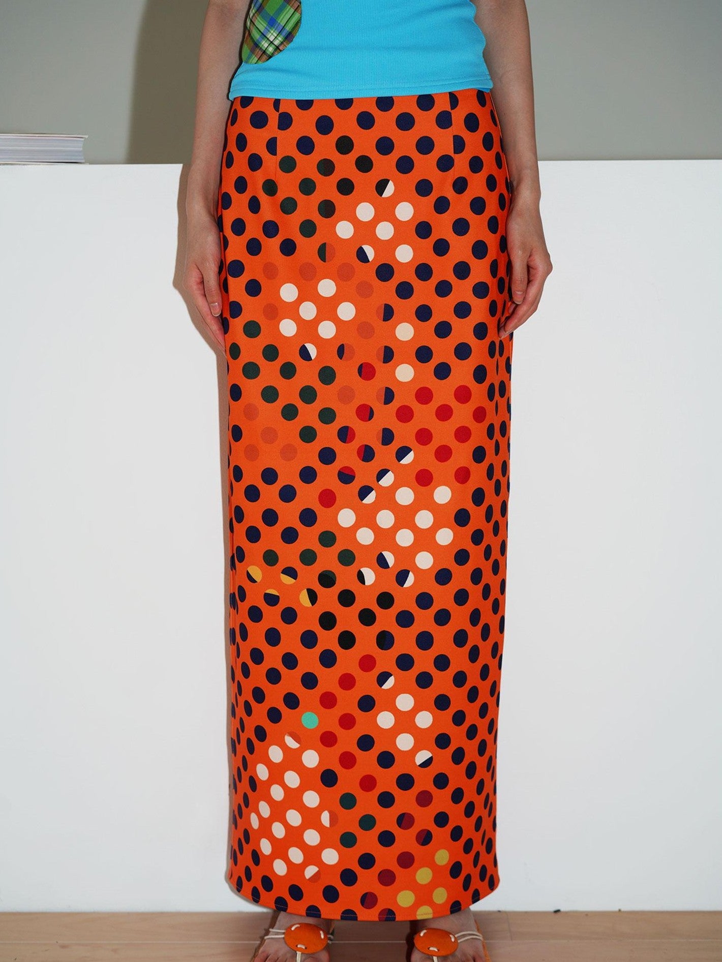 badtaste Retro Polka Dot Colorblock Print Straight Low Waist Women's Maxi Skirts