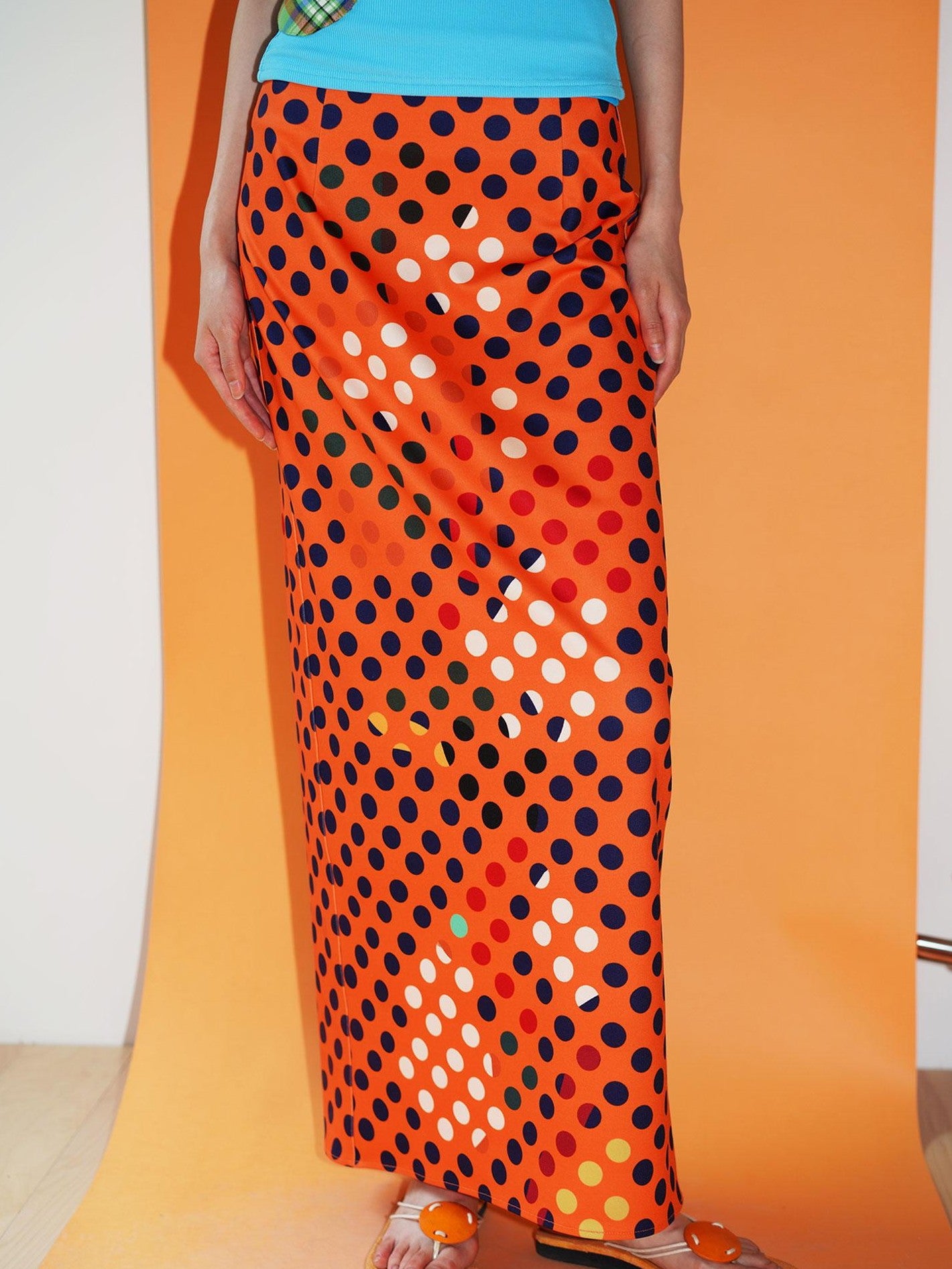 badtaste Retro Polka Dot Colorblock Print Straight Low Waist Women's Maxi Skirts