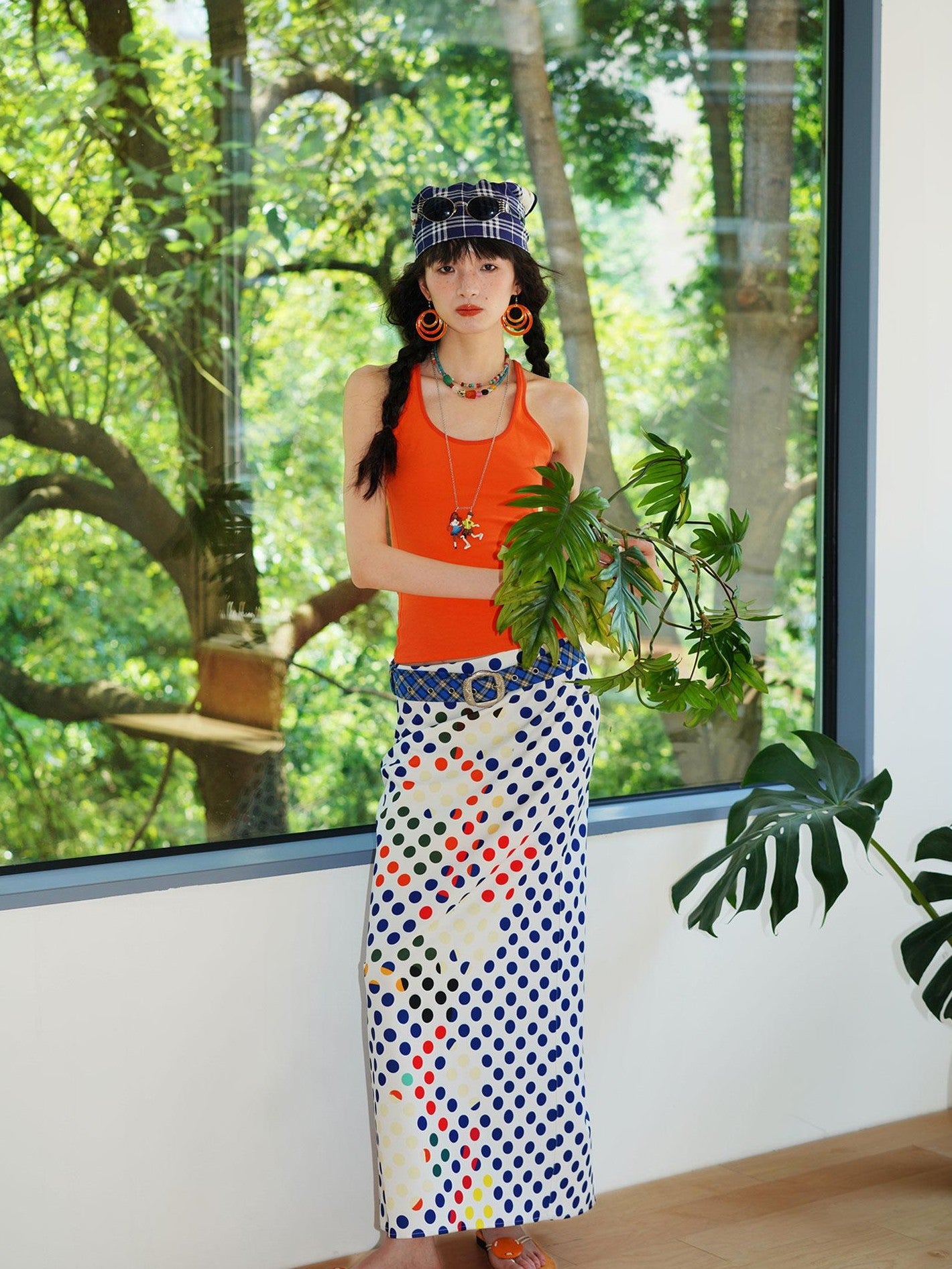 badtaste Retro Polka Dot Colorblock Print Straight Low Waist Women's Maxi Skirts
