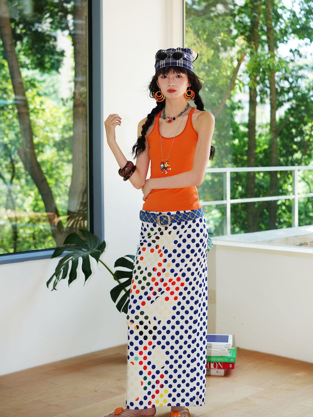 badtaste Retro Polka Dot Colorblock Print Straight Low Waist Women's Maxi Skirts