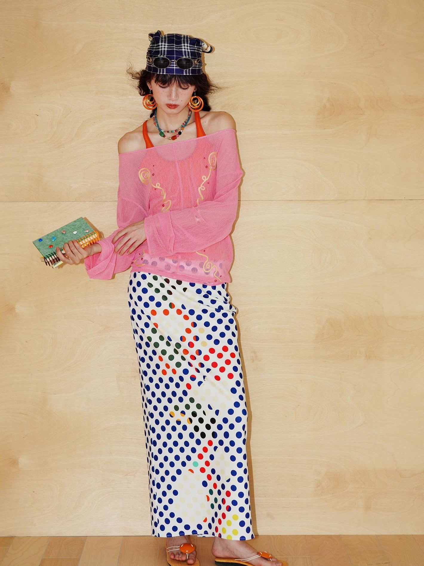 badtaste Retro Polka Dot Colorblock Print Straight Low Waist Women's Maxi Skirts