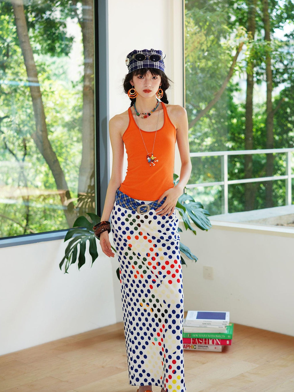 badtaste Retro Polka Dot Colorblock Print Straight Low Waist Women's Maxi Skirts