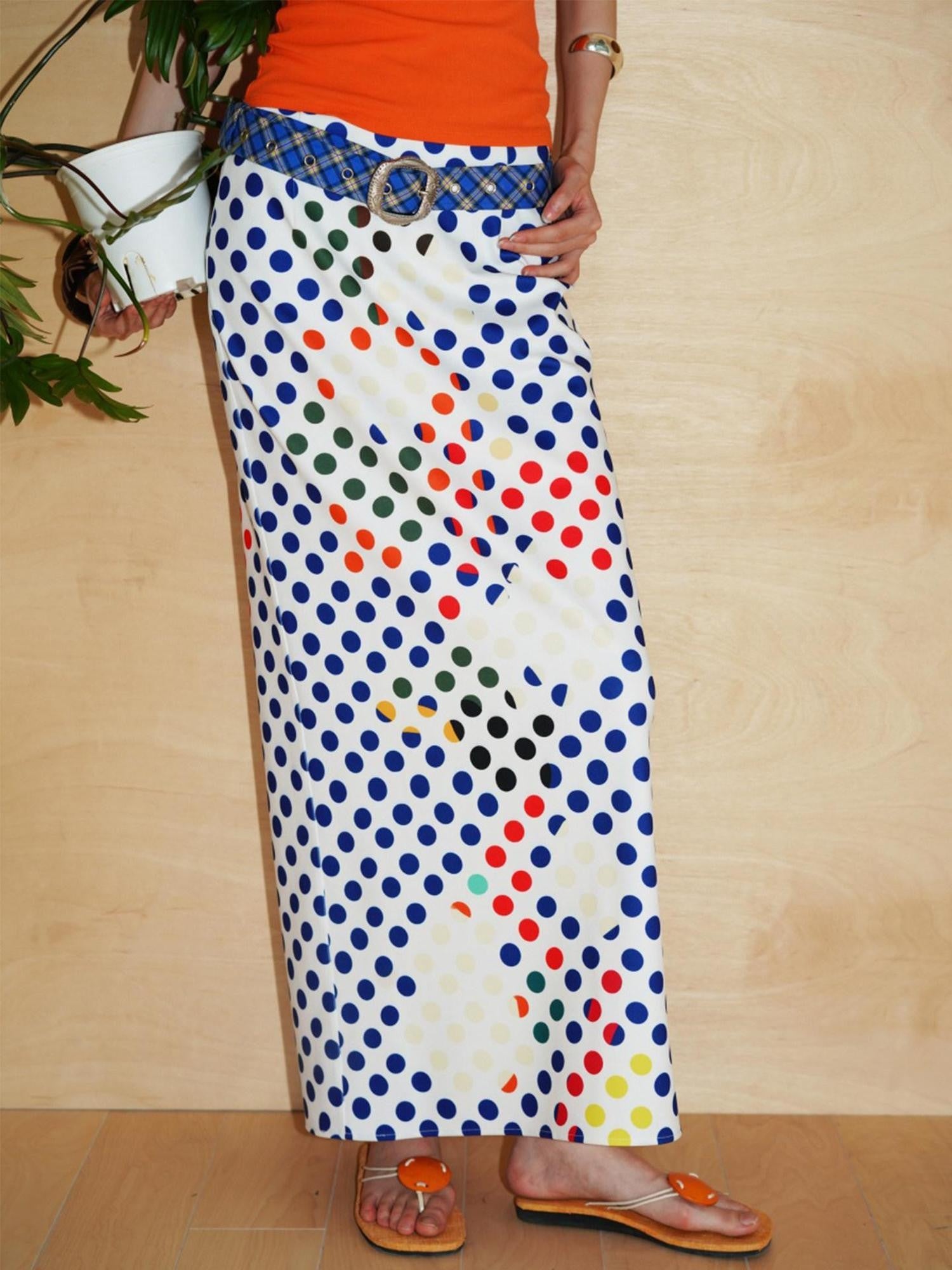 badtaste Retro Polka Dot Colorblock Print Straight Low Waist Women's Maxi Skirts