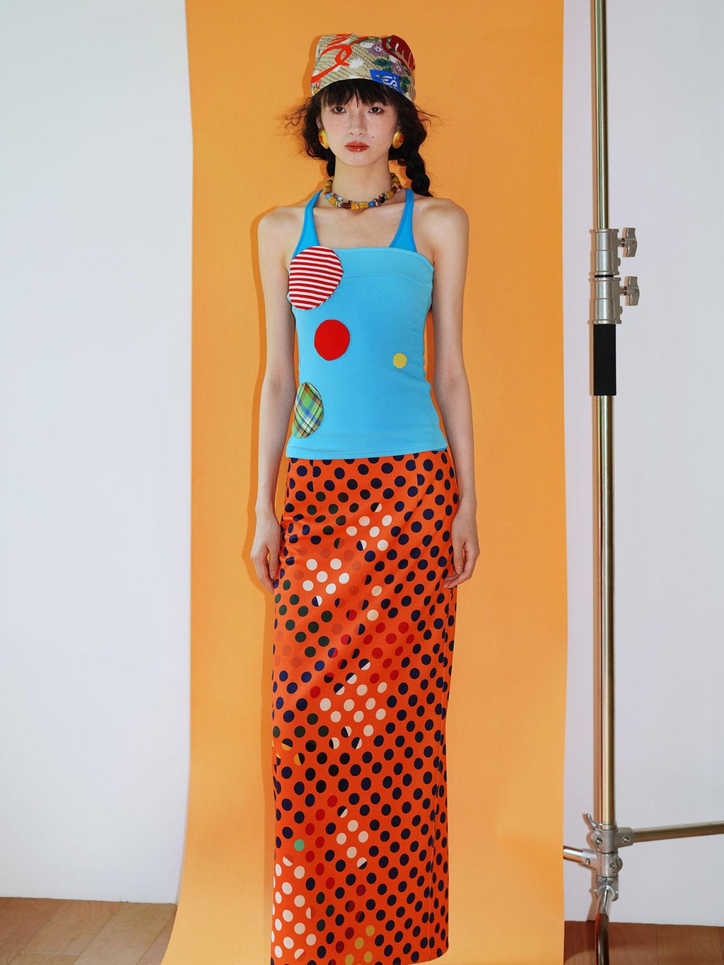 badtaste Retro Polka Dot Colorblock Print Straight Low Waist Women's Maxi Skirts