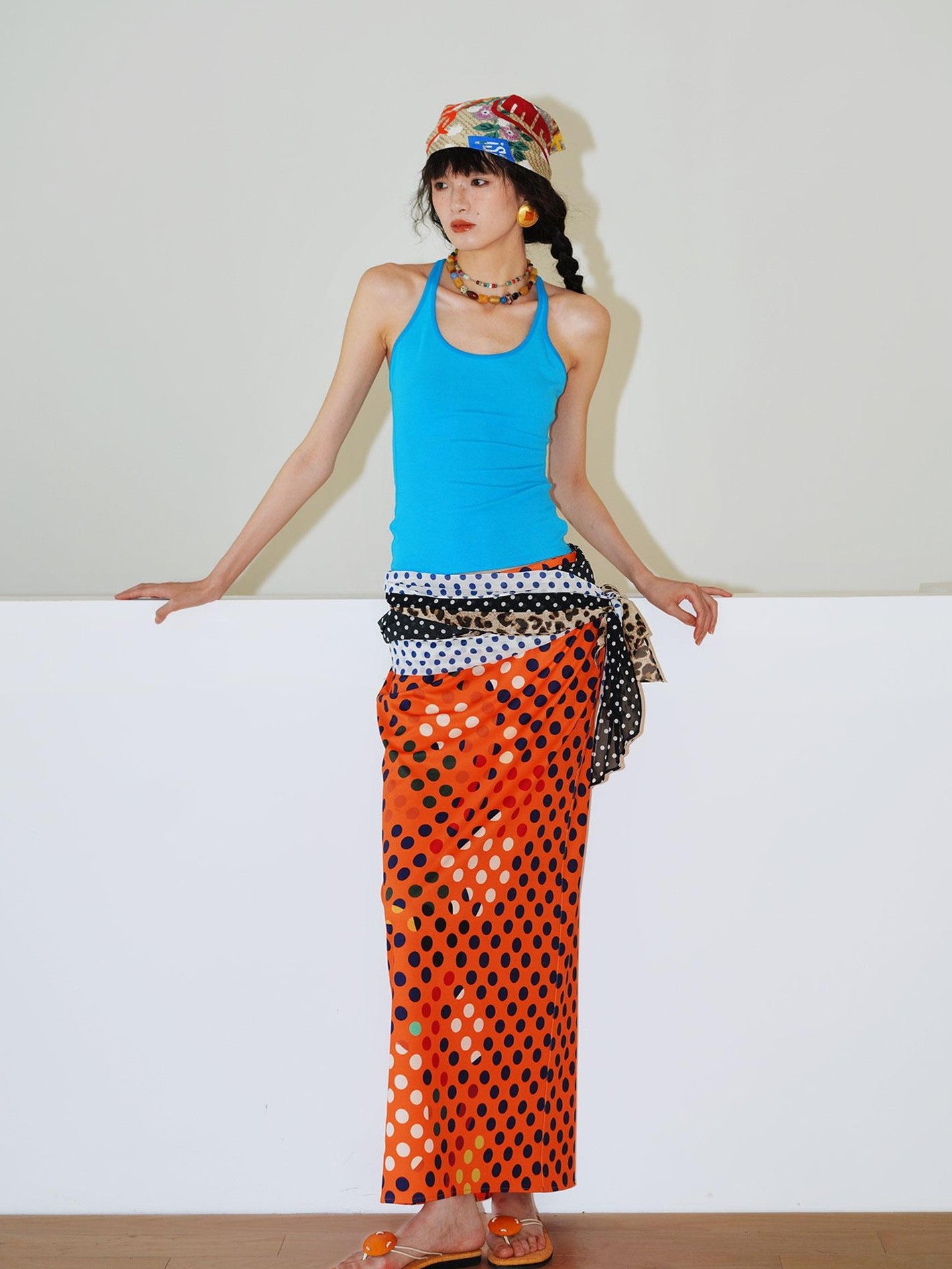 badtaste Retro Polka Dot Colorblock Print Straight Low Waist Women's Maxi Skirts