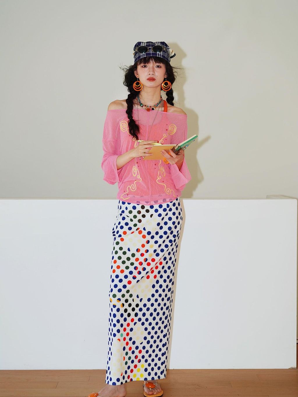 badtaste Retro Polka Dot Colorblock Print Straight Low Waist Women's Maxi Skirts