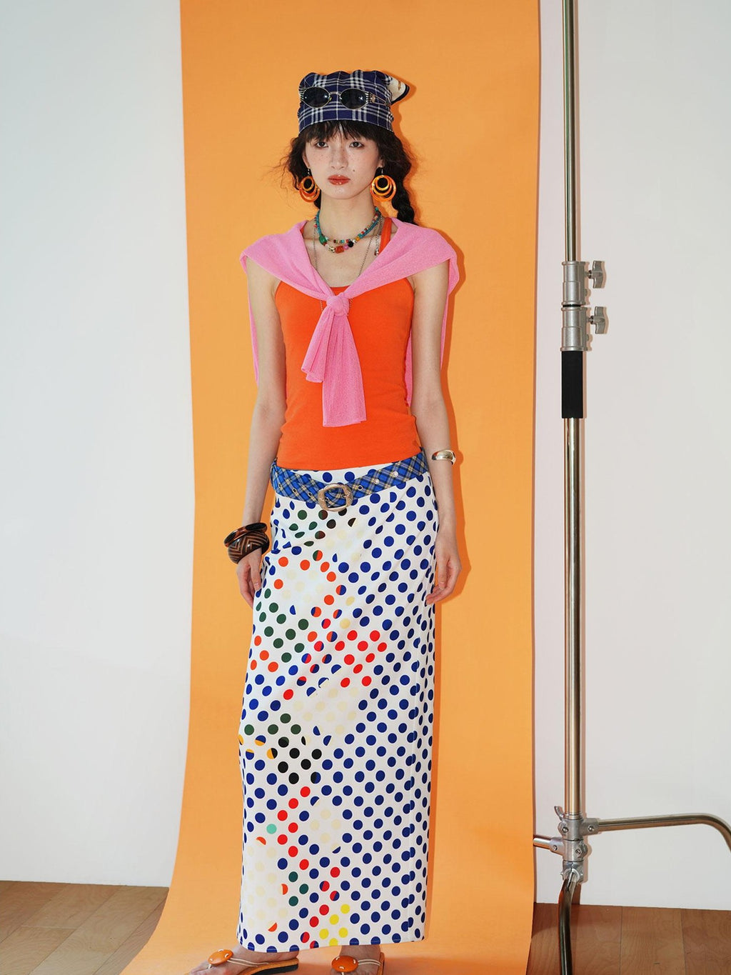 badtaste Retro Polka Dot Colorblock Print Straight Low Waist Women's Maxi Skirts