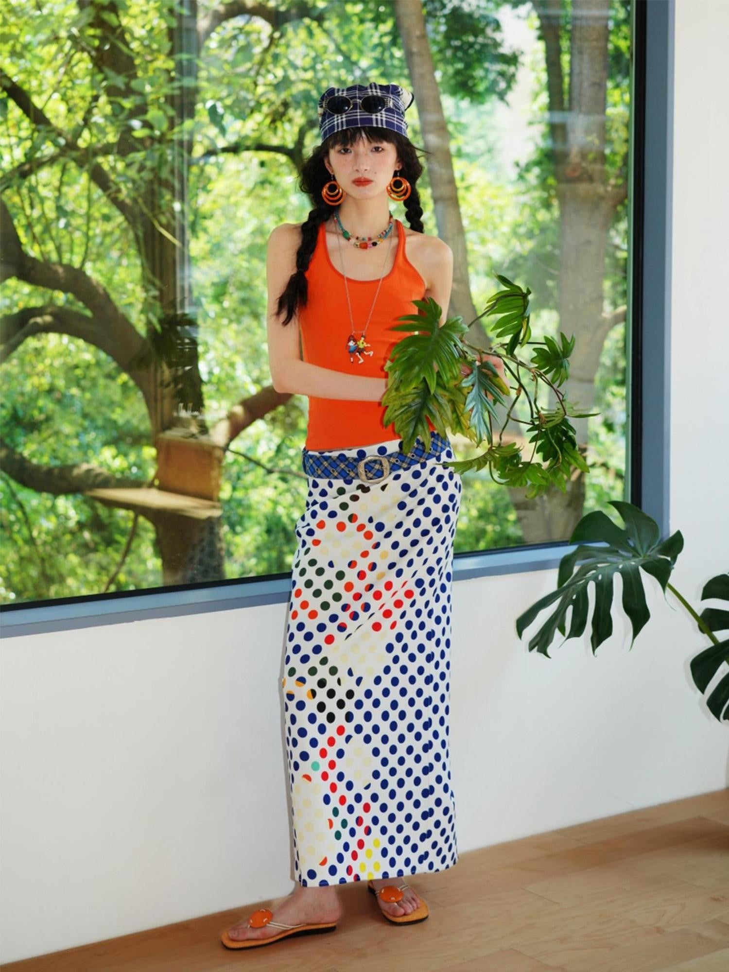 badtaste Retro Polka Dot Colorblock Print Straight Low Waist Women's Maxi Skirts
