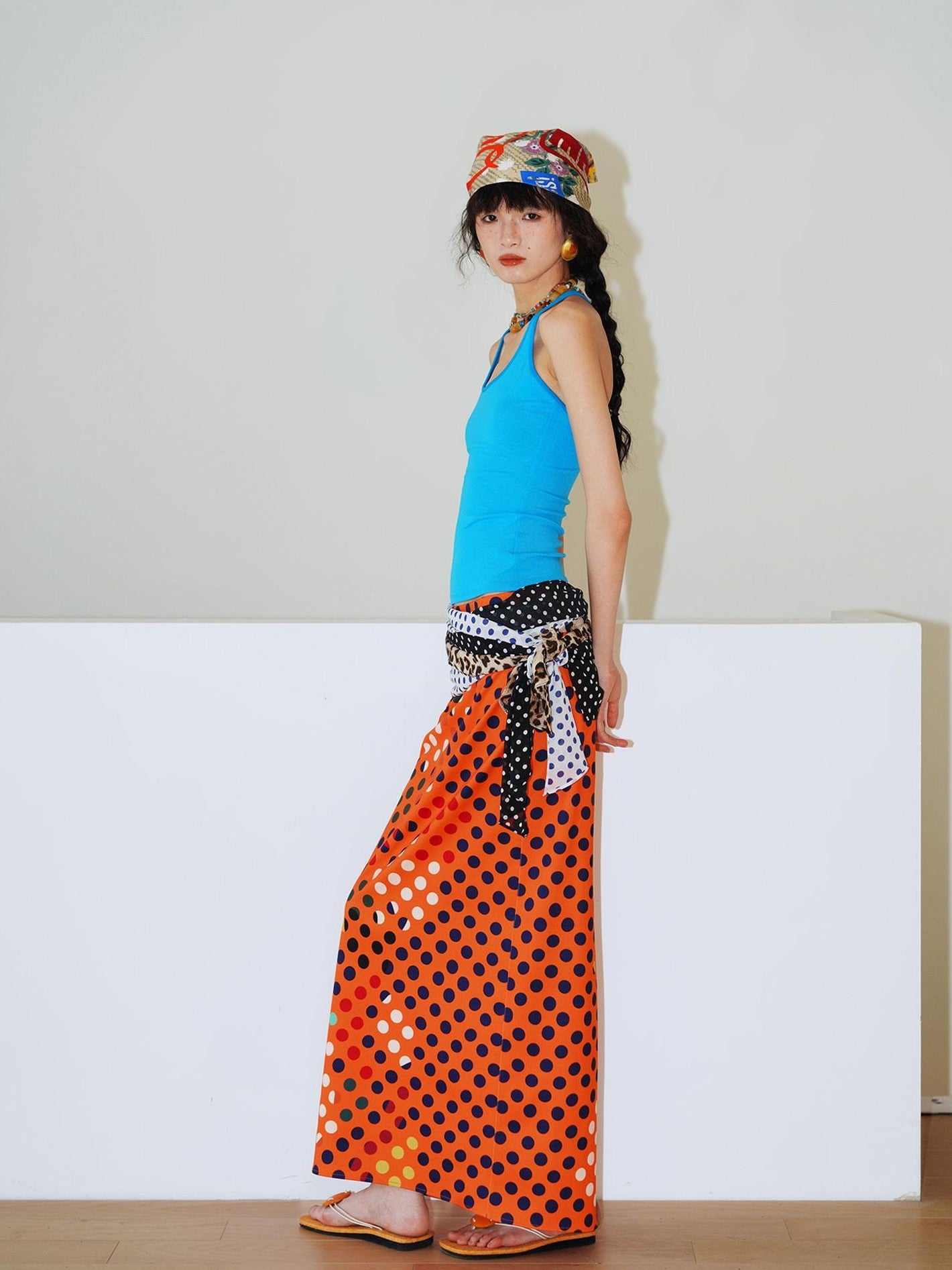 badtaste Retro Polka Dot Colorblock Print Straight Low Waist Women's Maxi Skirts