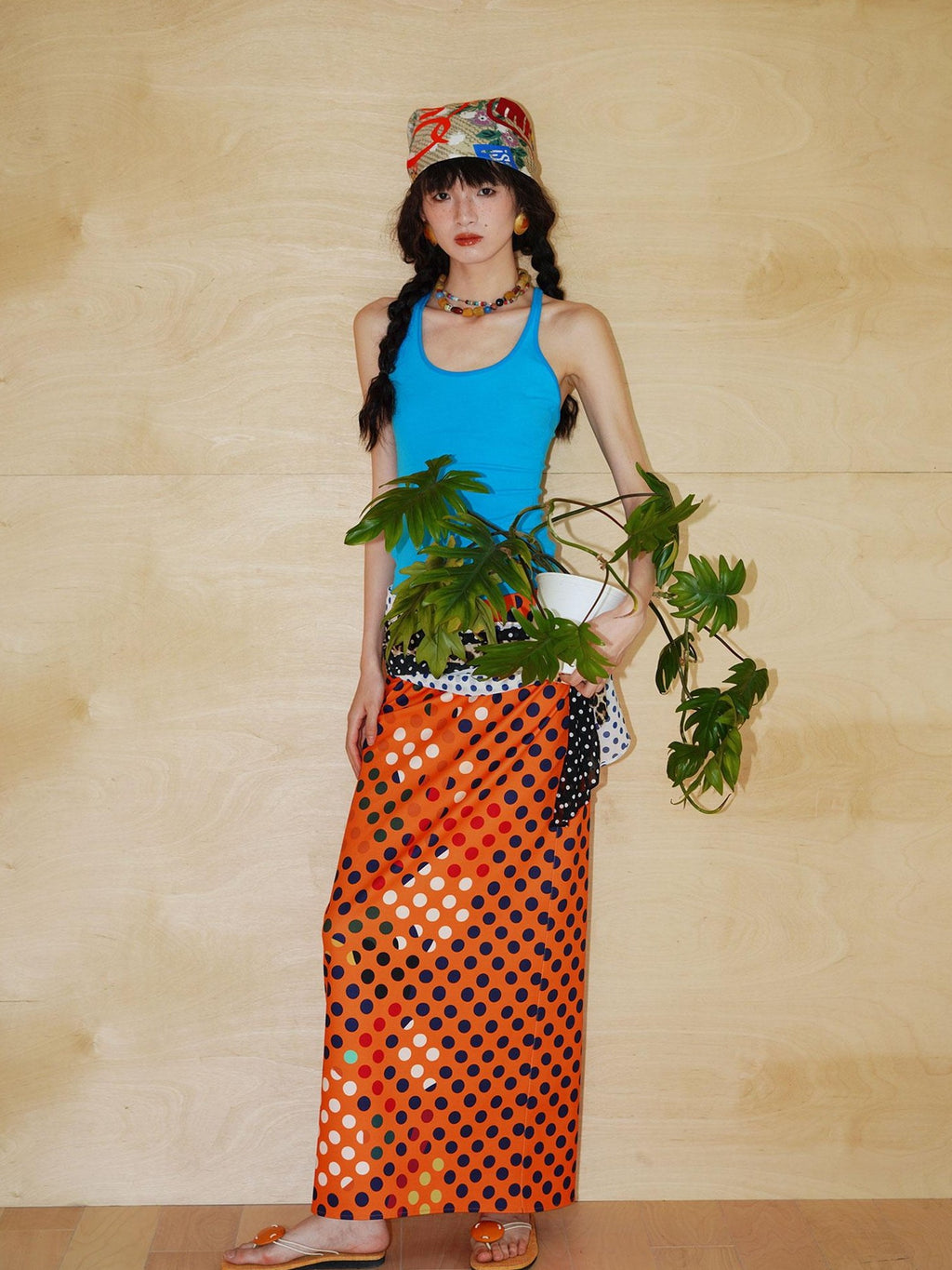 badtaste Retro Polka Dot Colorblock Print Straight Low Waist Women's Maxi Skirts
