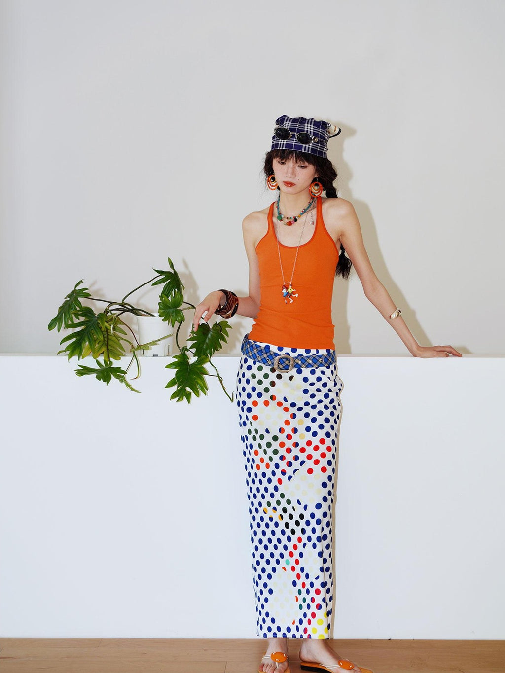 badtaste Retro Polka Dot Colorblock Print Straight Low Waist Women's Maxi Skirts
