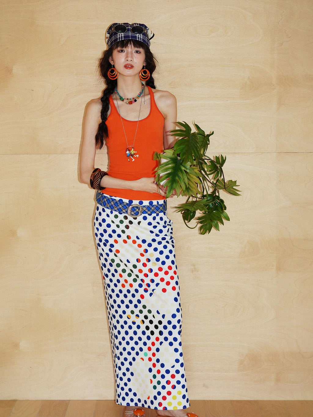 badtaste Retro Polka Dot Colorblock Print Straight Low Waist Women's Maxi Skirts