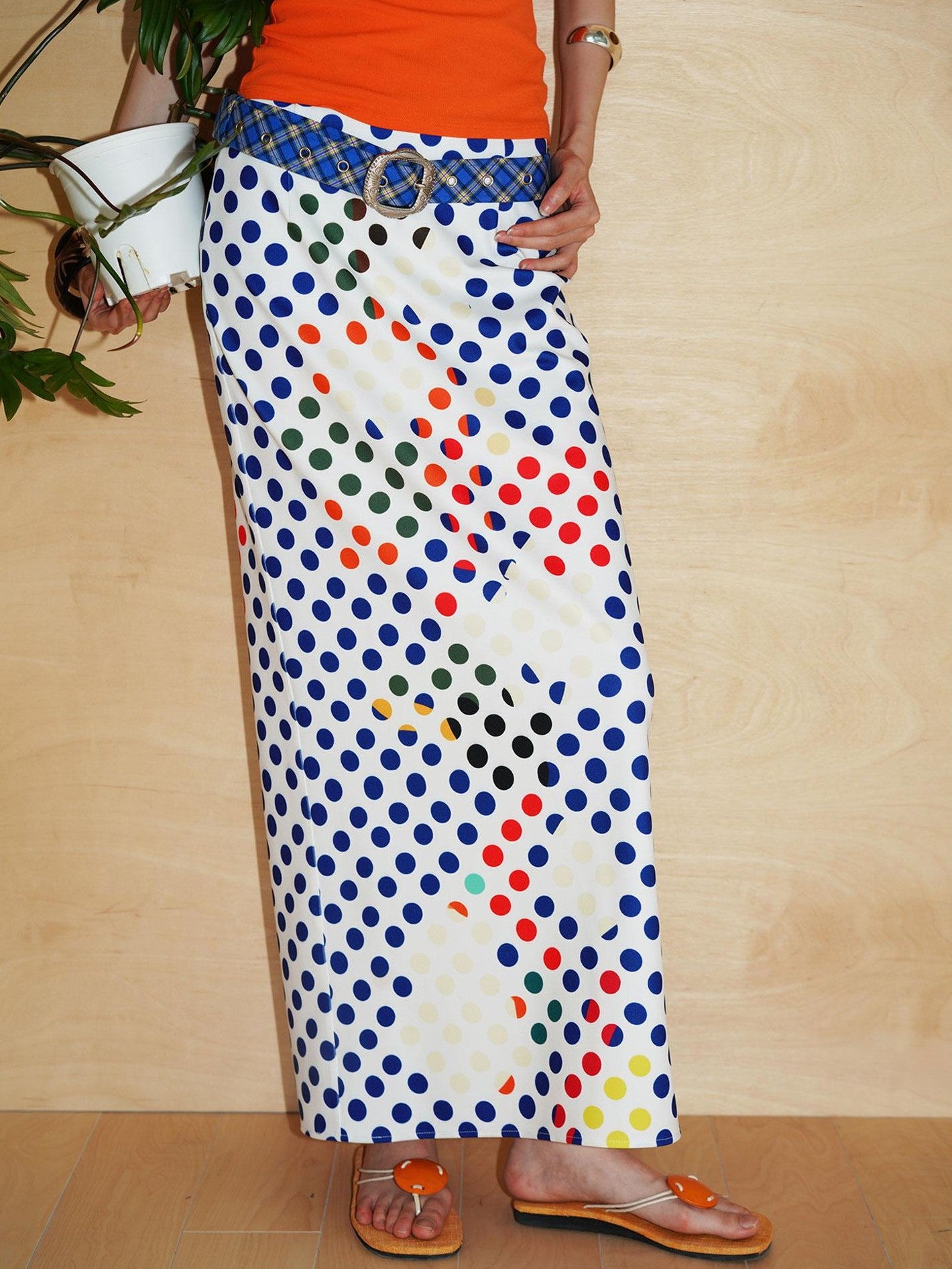 badtaste Retro Polka Dot Colorblock Print Straight Low Waist Women's Maxi Skirts