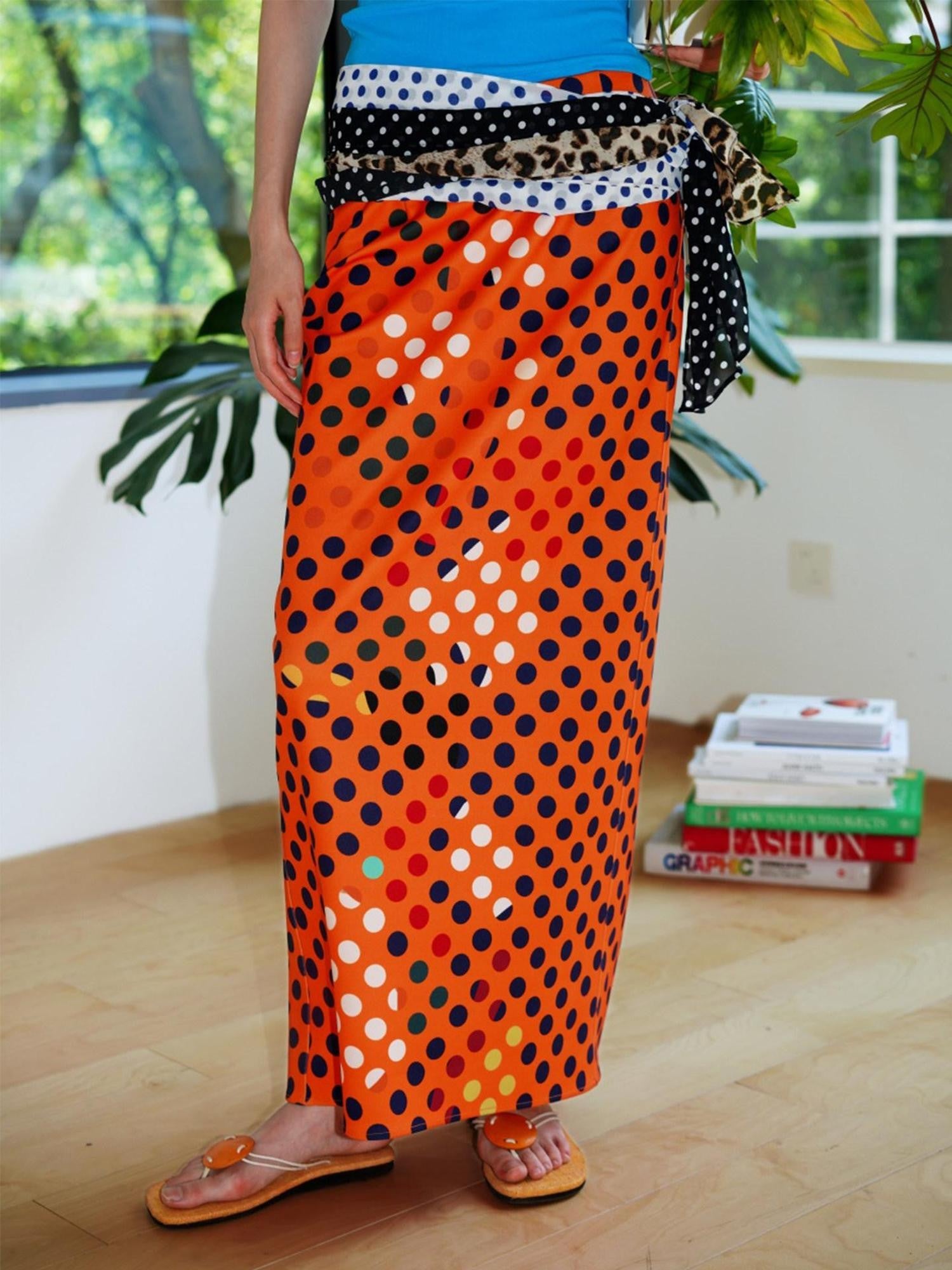 badtaste Retro Polka Dot Colorblock Print Straight Low Waist Women's Maxi Skirts