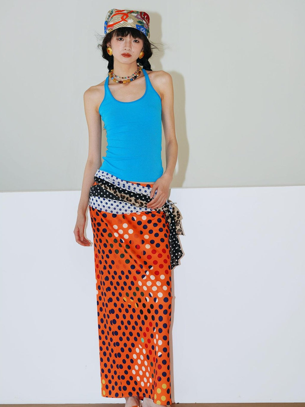 badtaste Retro Polka Dot Colorblock Print Straight Low Waist Women's Maxi Skirts