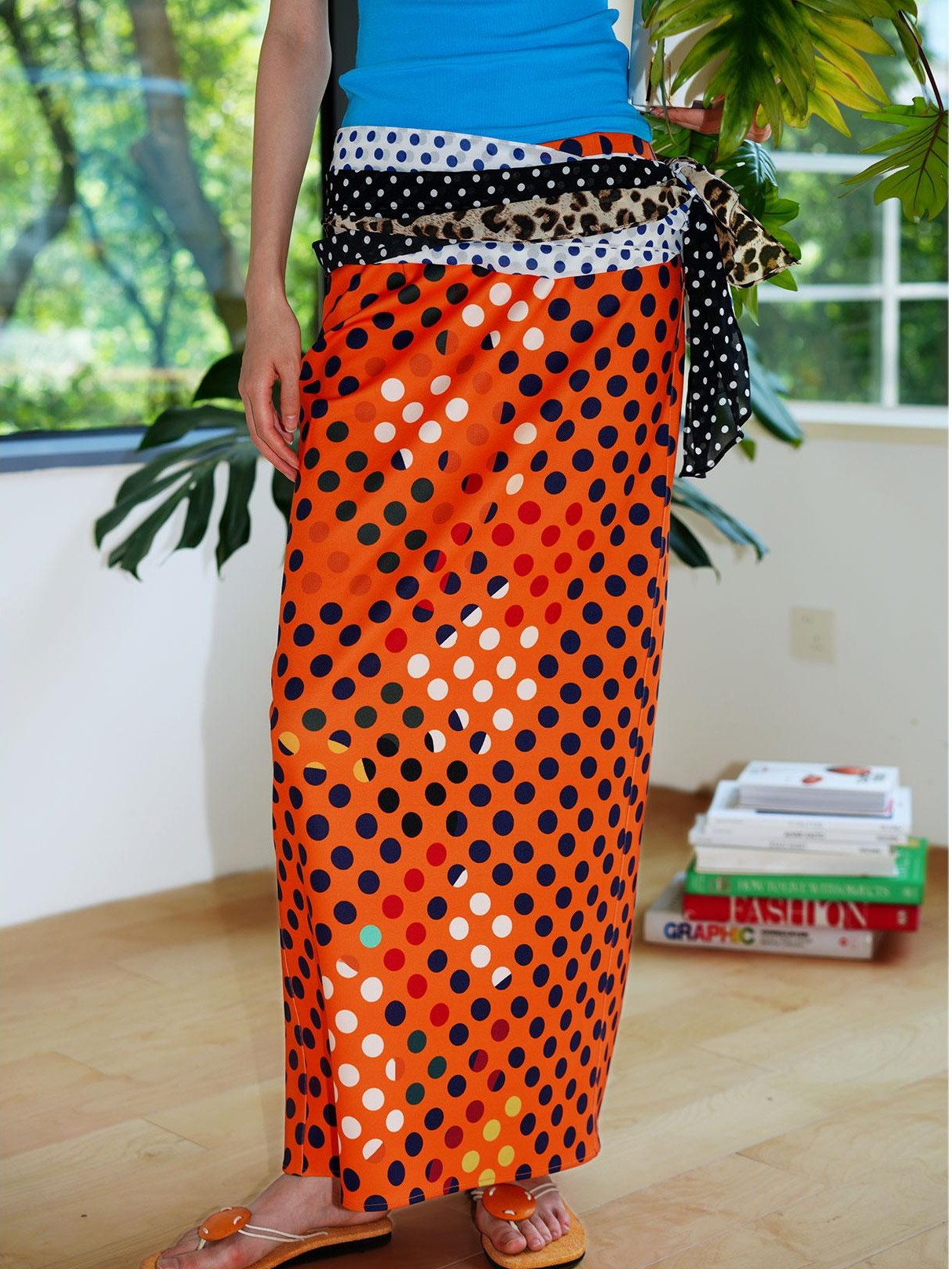 badtaste Retro Polka Dot Colorblock Print Straight Low Waist Women's Maxi Skirts
