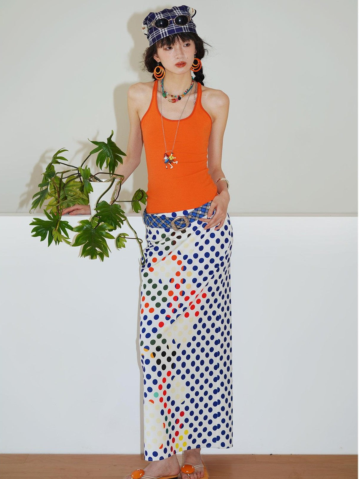 badtaste Retro Polka Dot Colorblock Print Straight Low Waist Women's Maxi Skirts