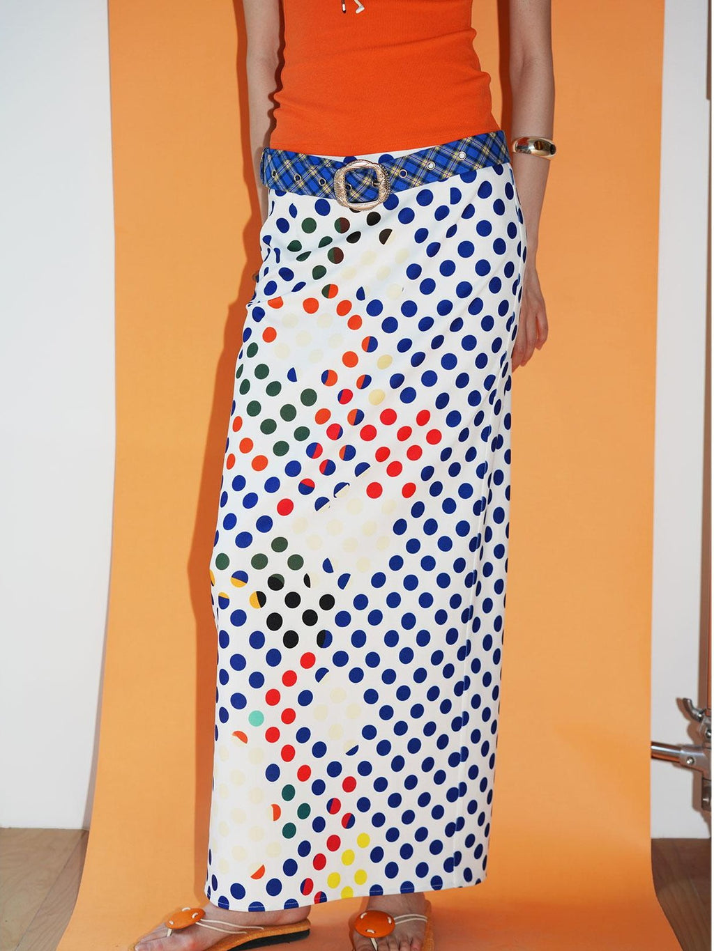 badtaste Retro Polka Dot Colorblock Print Straight Low Waist Women's Maxi Skirts