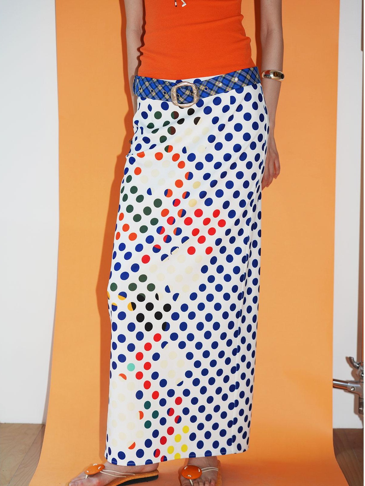 badtaste Retro Polka Dot Colorblock Print Straight Low Waist Women's Maxi Skirts