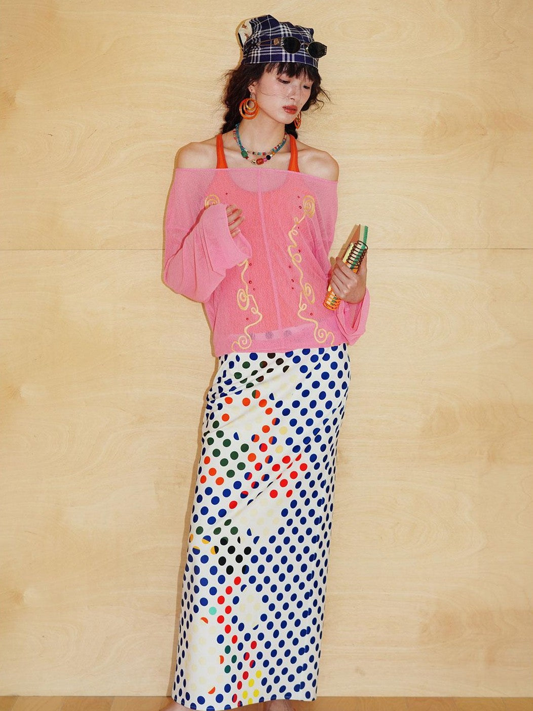 badtaste Retro Polka Dot Colorblock Print Straight Low Waist Women's Maxi Skirts