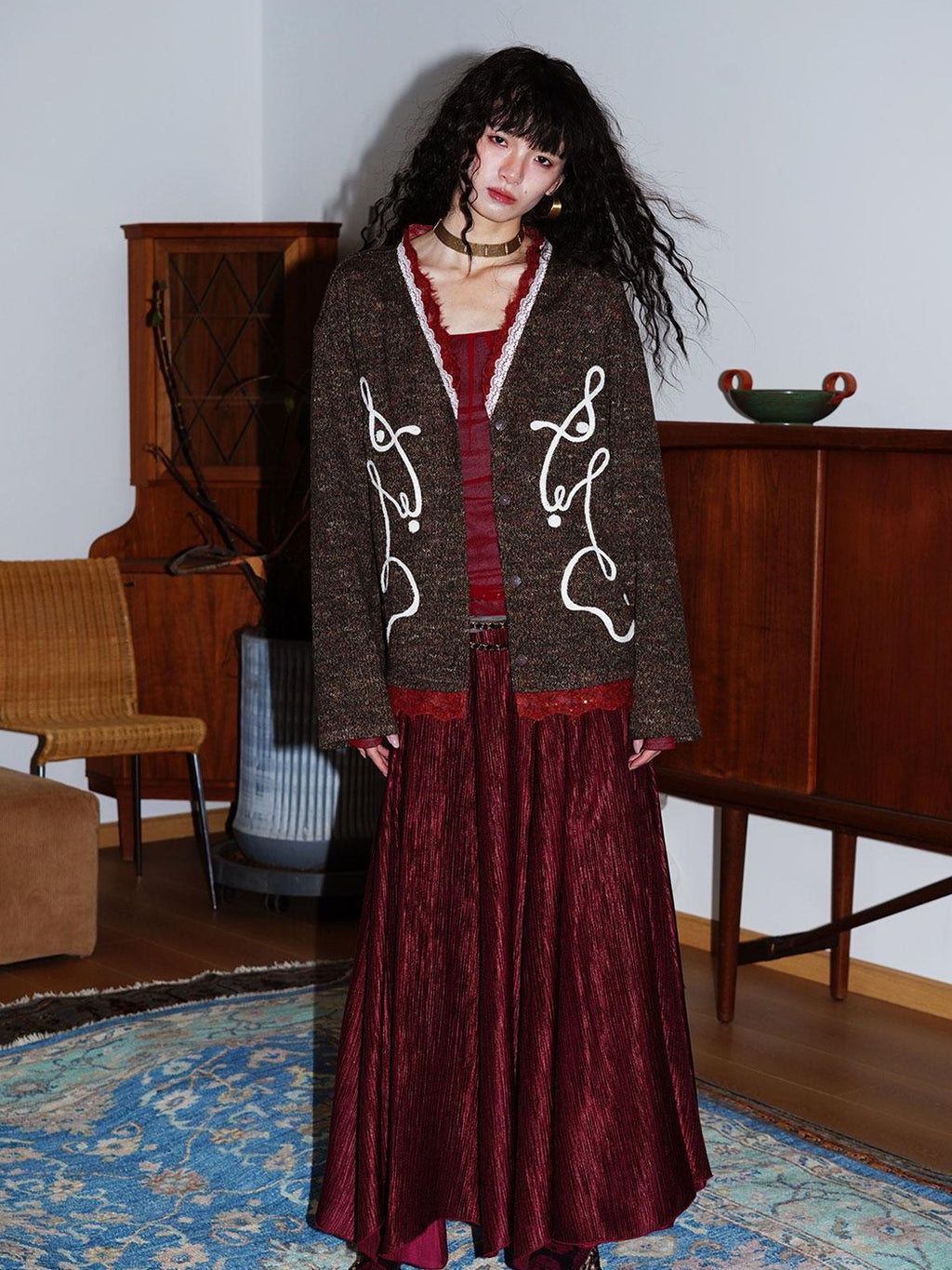 badtaste Retro Western Colorblock Patchwork Lace Embroidered Loose Women's Knit Cardigans