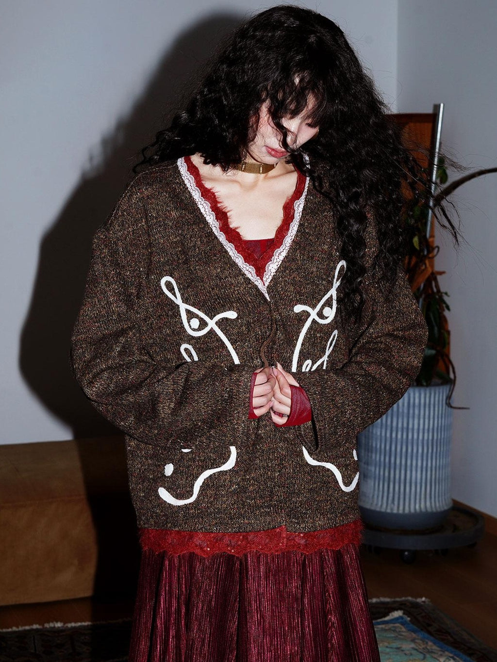 badtaste Retro Western Colorblock Patchwork Lace Embroidered Loose Women's Knit Cardigans